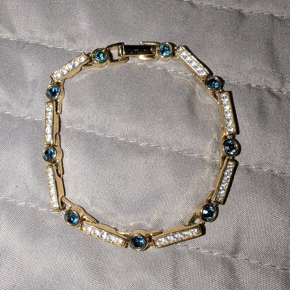Premier Designs Gold-Tone Tennis Bracelet with Blue & Clear Crystals 4737 - Picture 1 of 5